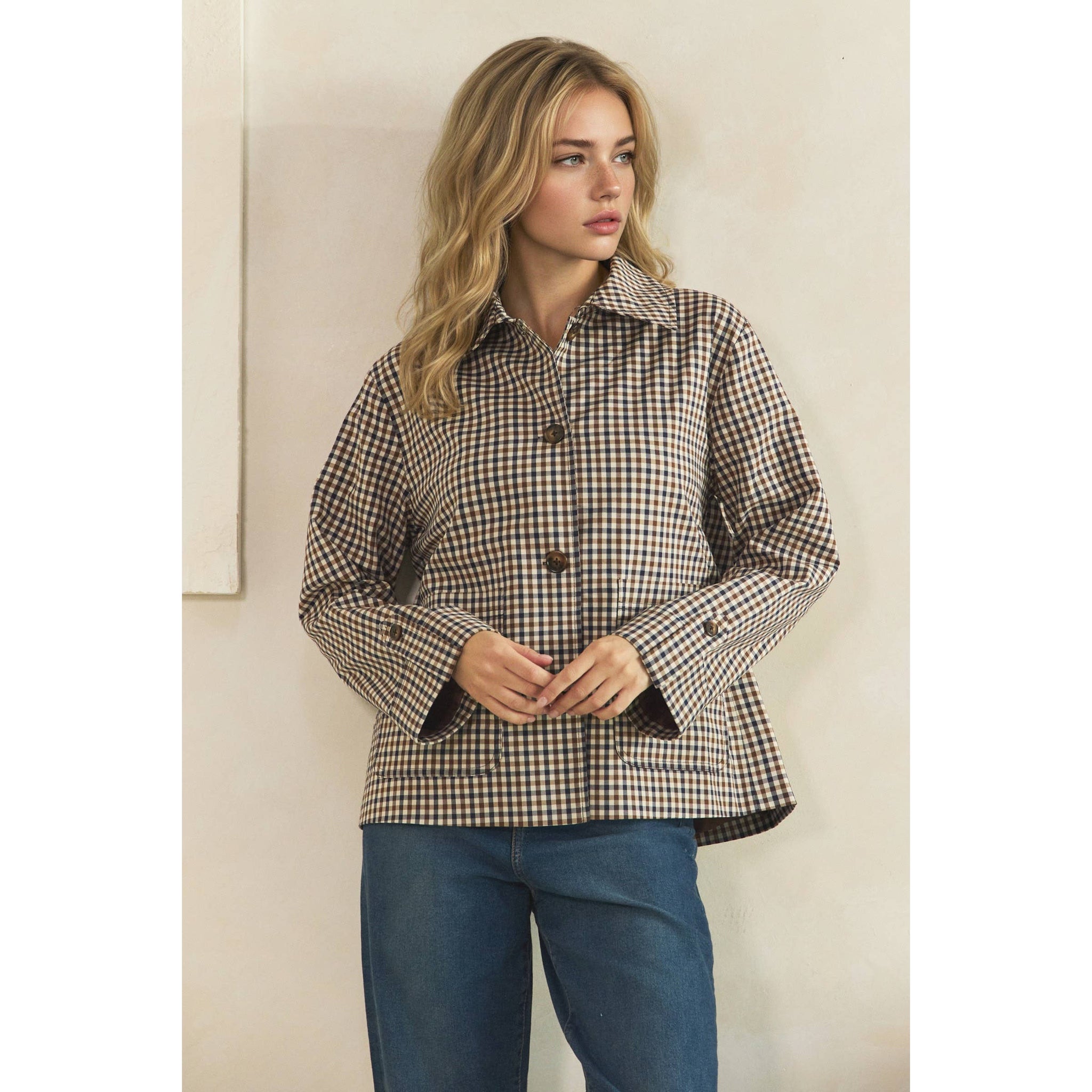 Navy Check Button-Front Jacket