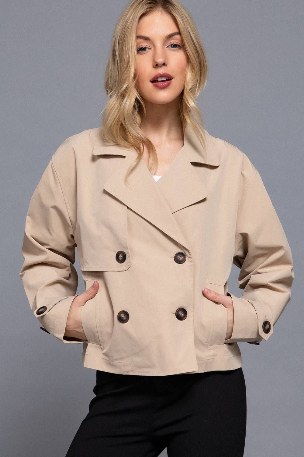Tan Double Breasted Short Trench Jacket