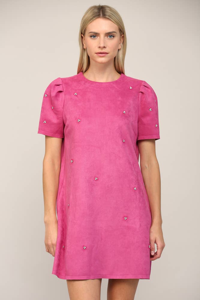 pink shift dress with sleeves Crochet Trim Shift Dress Dark Coral / Large