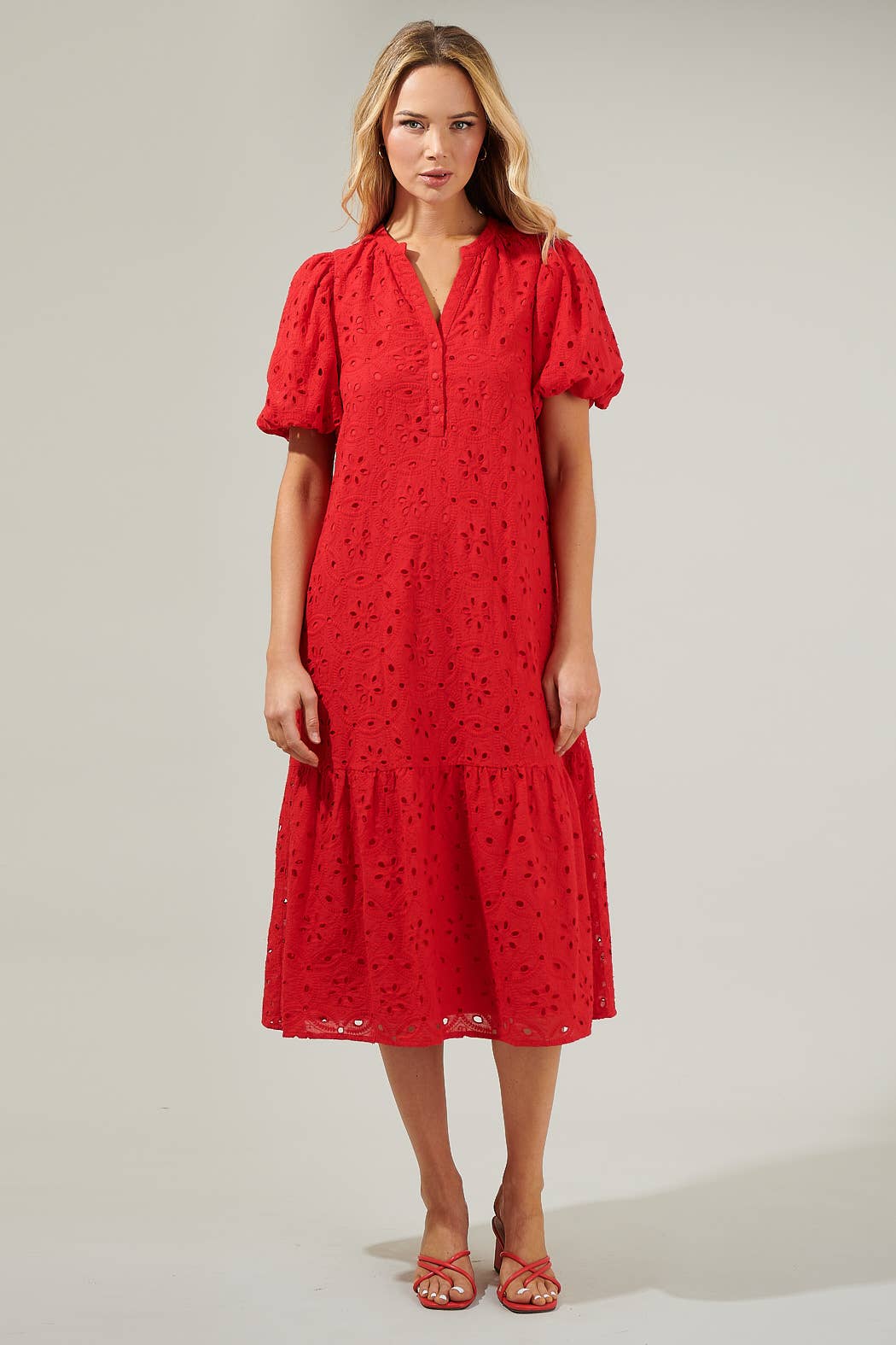 Red Eyelet Midi Dress