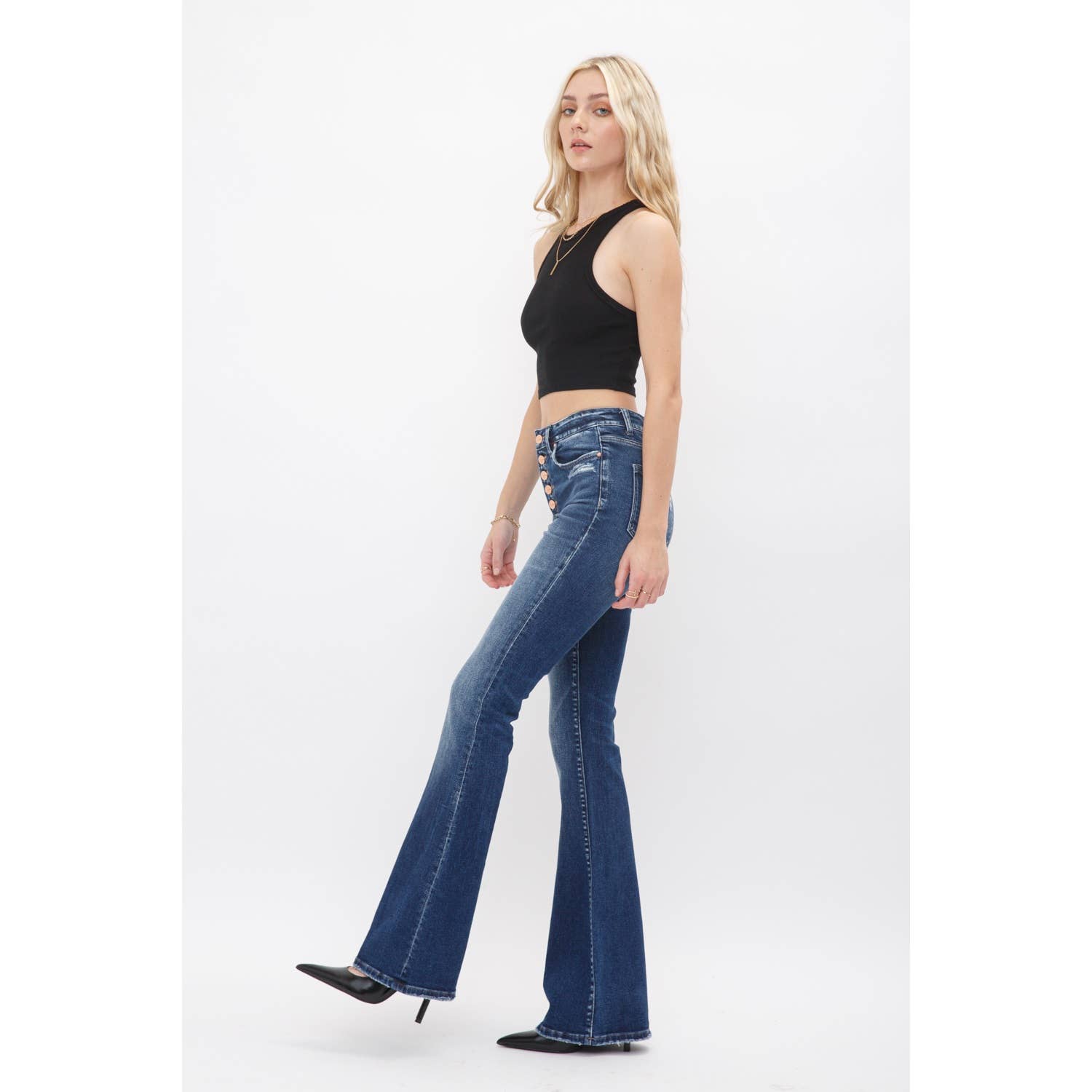 Dark Wash HIgh Rise Button Up Flare Jeans