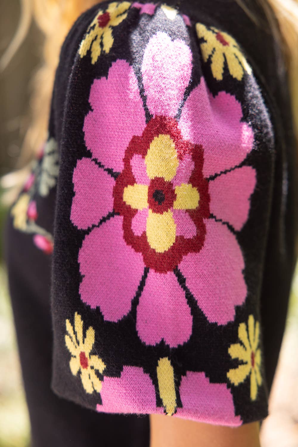 Floral Print Bubble Sleeve Knit Top