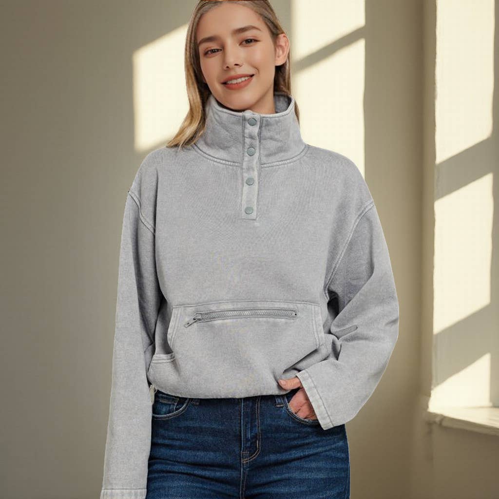 Ash Mocha Acid Wash Fleece Pullover