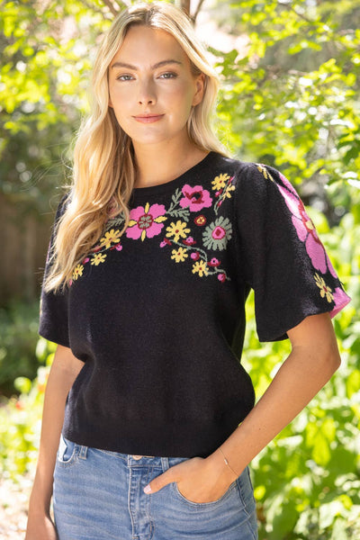 Floral Print Bubble Sleeve Knit Top