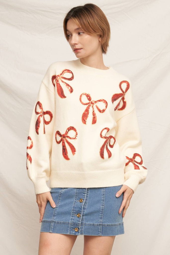 Sequin Ribbon Crew Neck Sweater