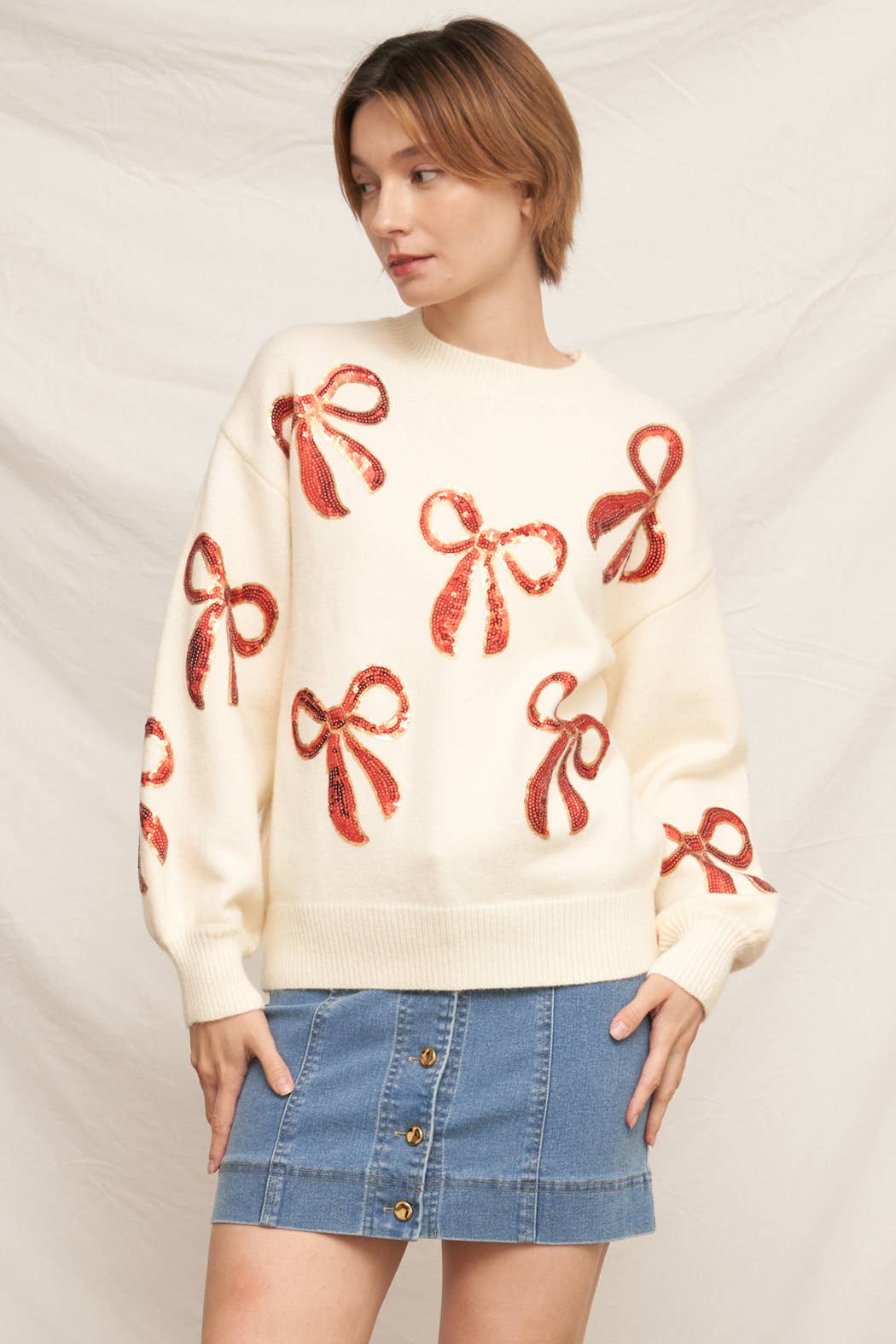 Sequin Ribbon Crew Neck Sweater