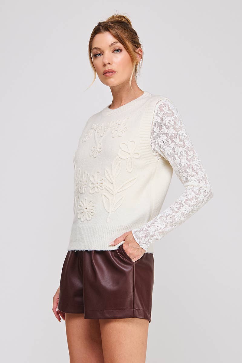 Cream Floral Embroidery Sweater Vest