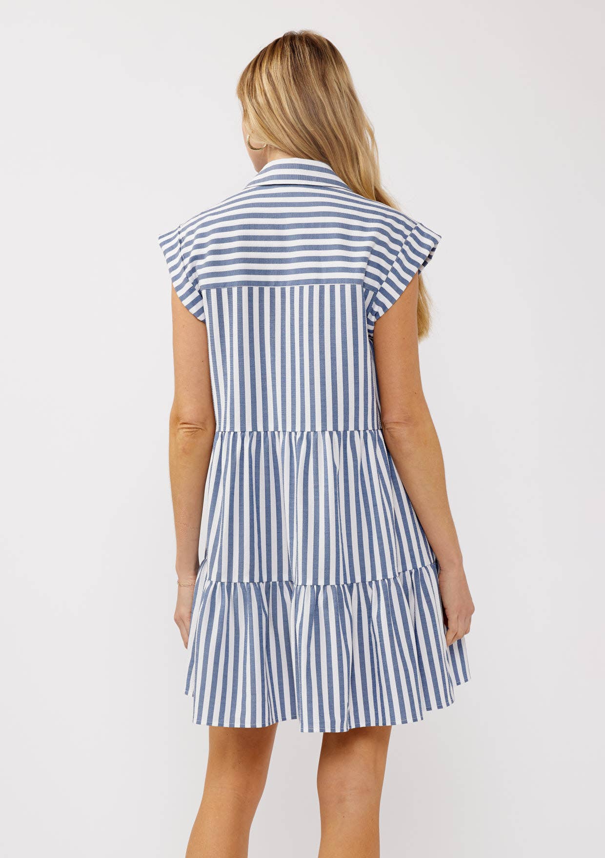 Navy Striped Collared Button Down Tiered Dress