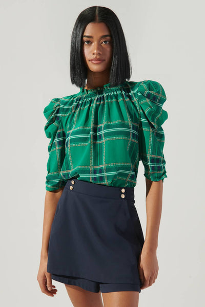 Jade Green Plaid Drape Sleeve Top
