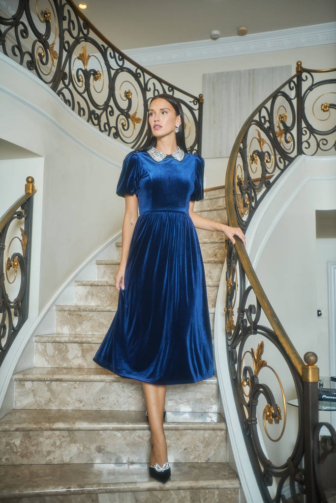 Blue Rhinestone Velvet Midi Dress
