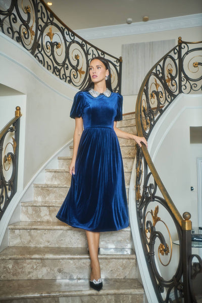 Blue Rhinestone Velvet Midi Dress