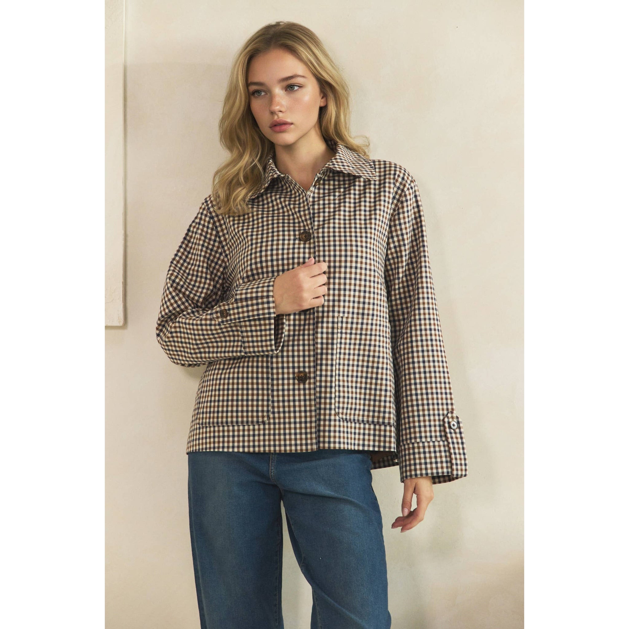Navy Check Button-Front Jacket