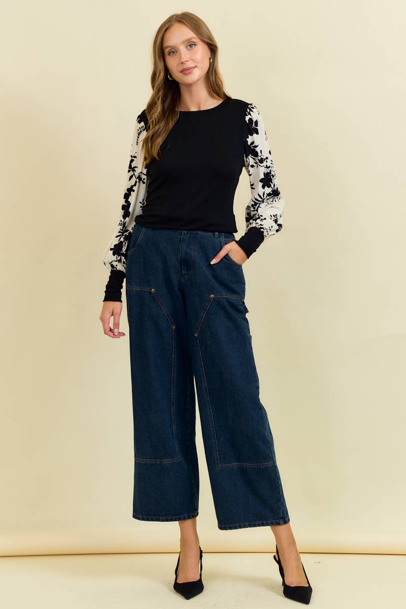 Black Floral Jacquard Contrast Sleeve Knit Top