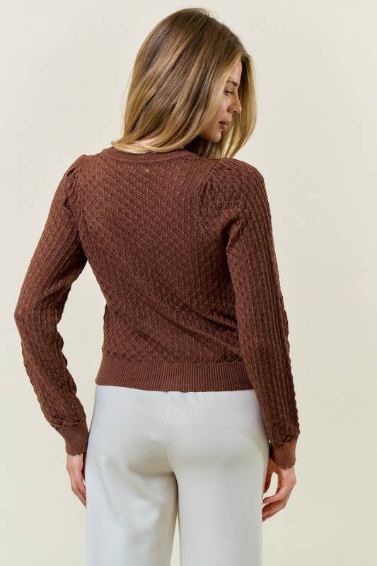 Brown Pointelle Cardigan with Rose Buttons