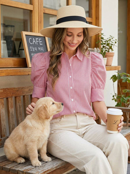 Red & White Stripe Puff Sleeve Blouse | Collared Button-Front Top