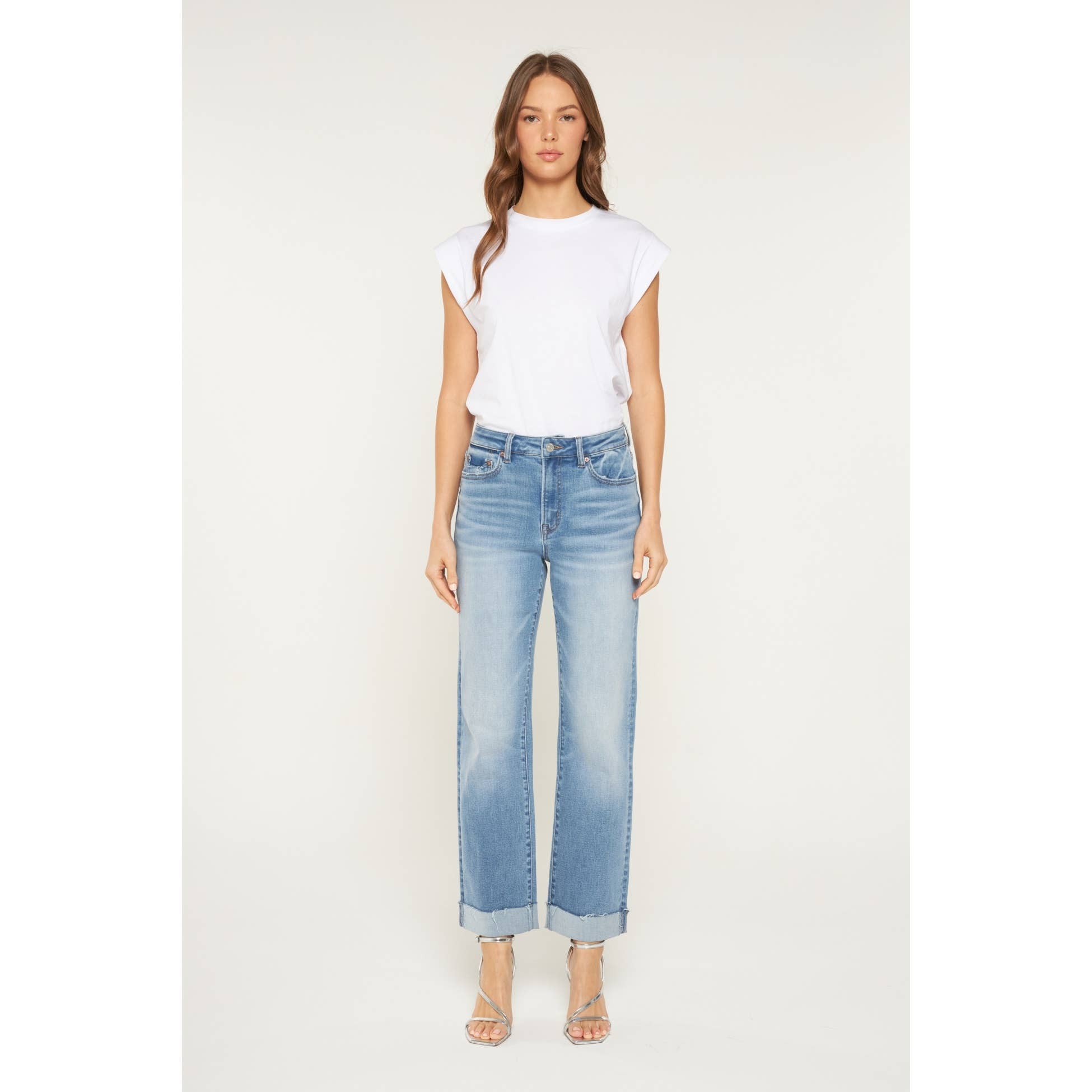 High Rise Straight Leg Jean with Cuffed Hem