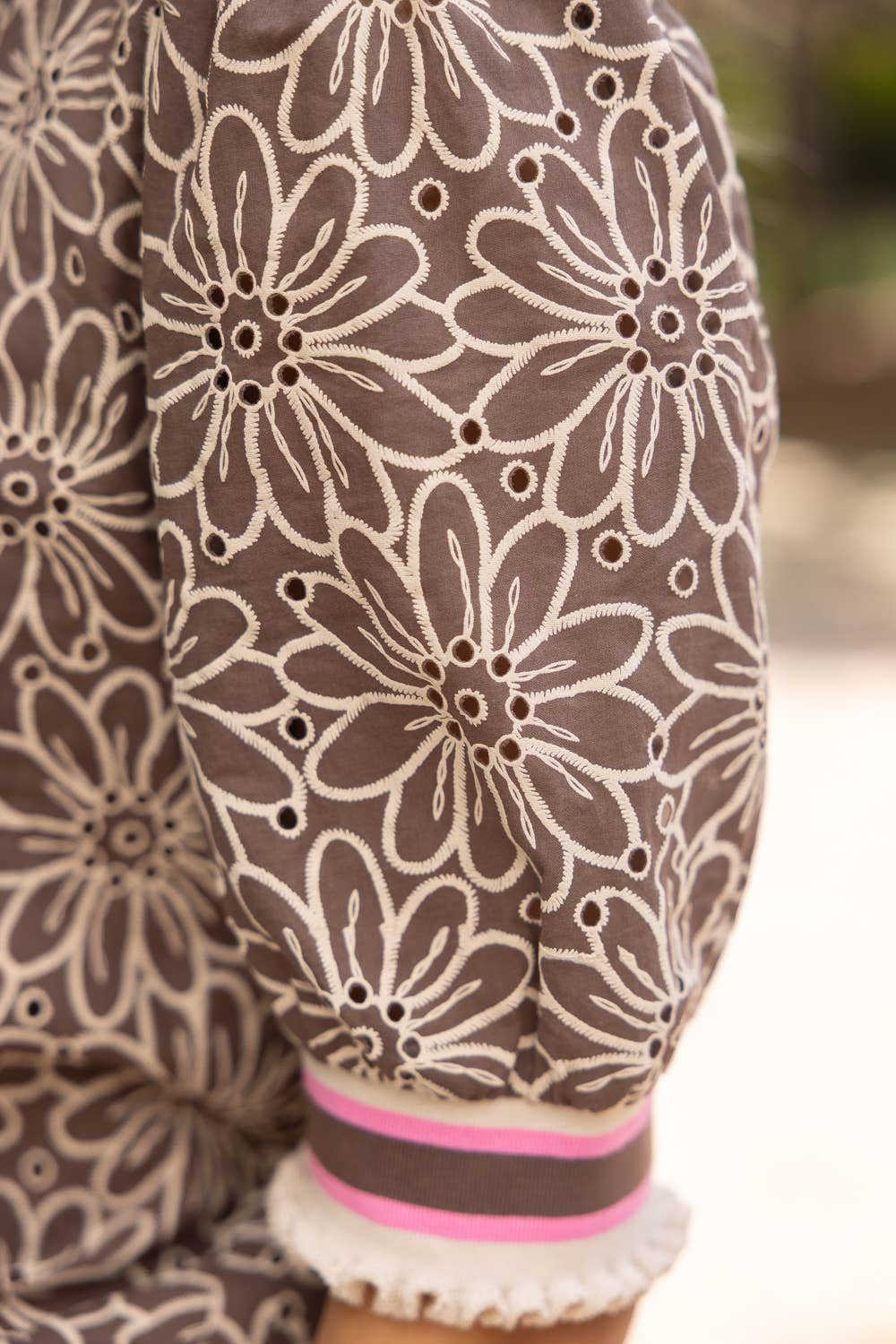 Floral Eyelet Top with Stripe Band Detail