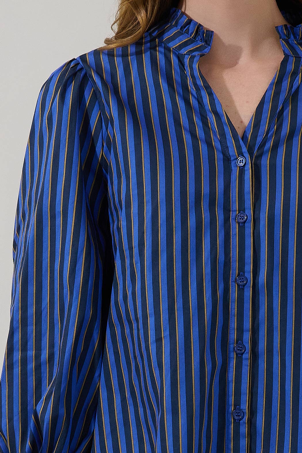 Navy Brown Striped Ruffle Button-Up Blouse