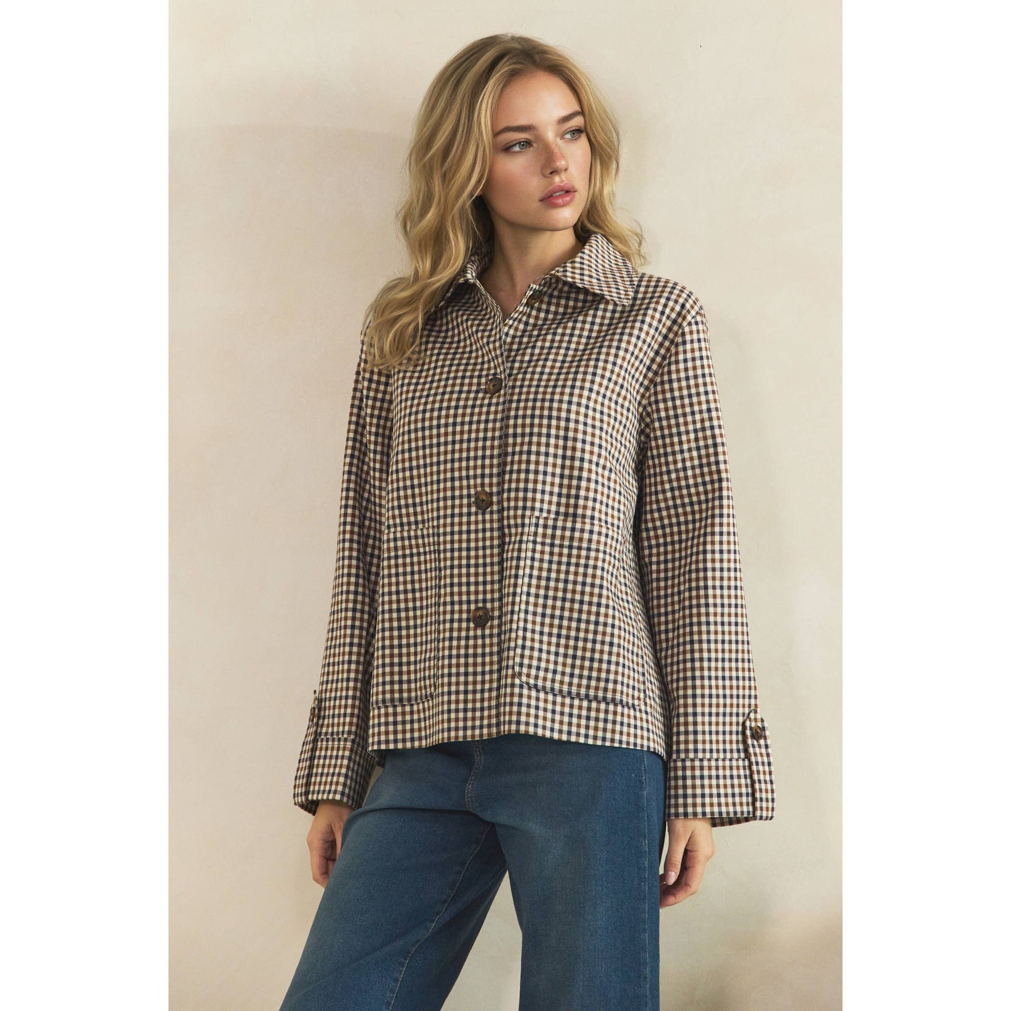 Navy Check Button-Front Jacket