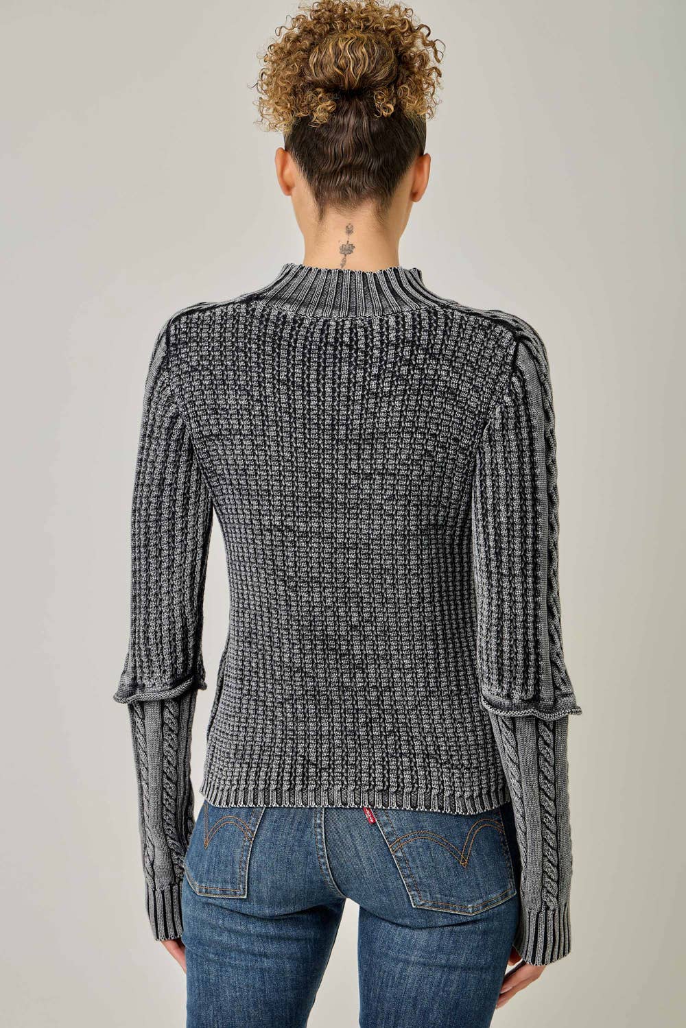 Washed Cable Knit Mock Neck Sweater