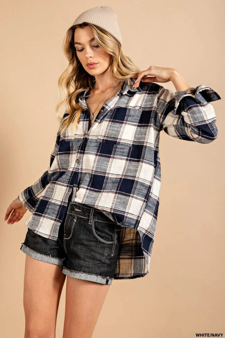 Olive & Leaf Textured Navy Plaid Button Down Top