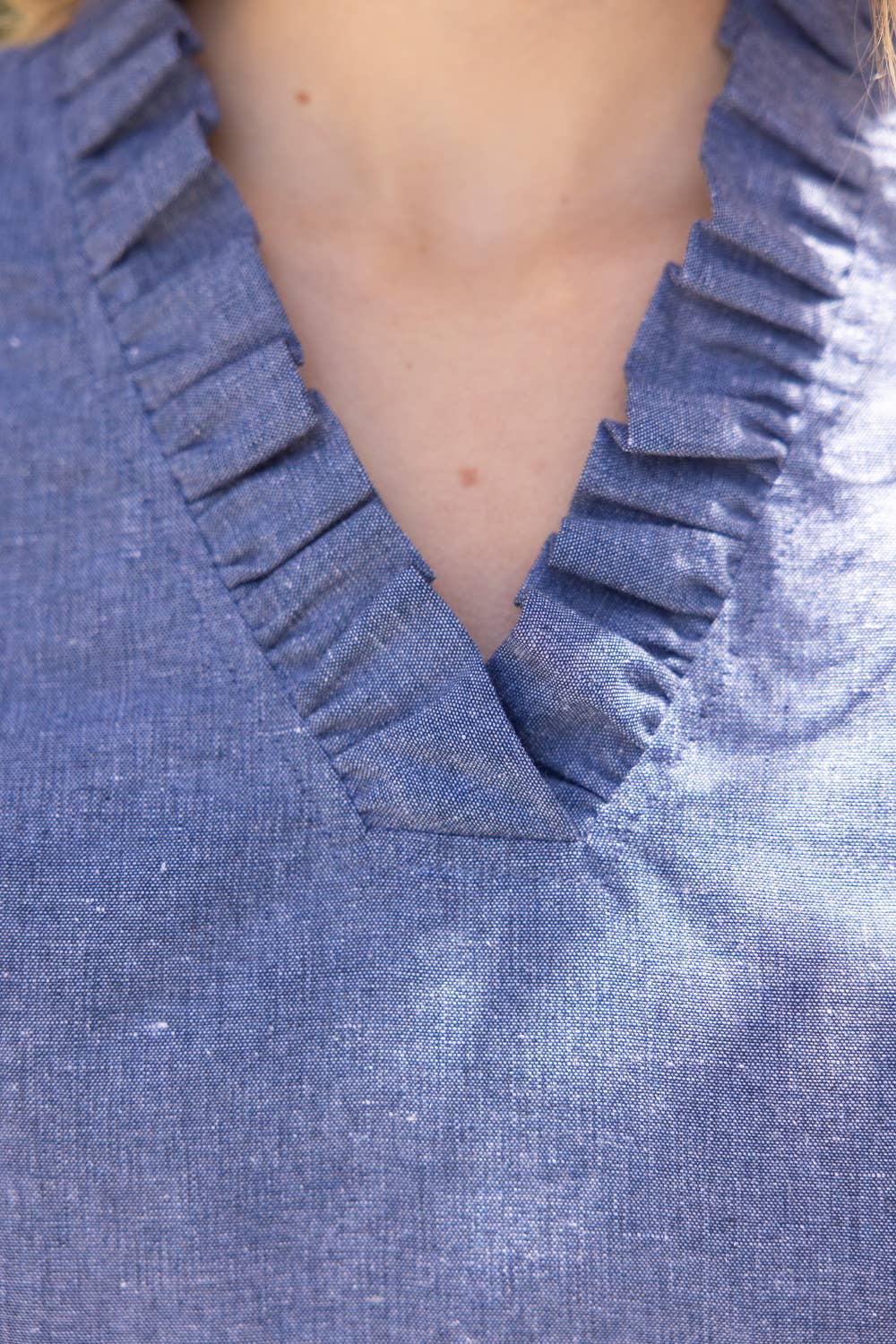 Chambray Floral Embroidered Sleeve Top