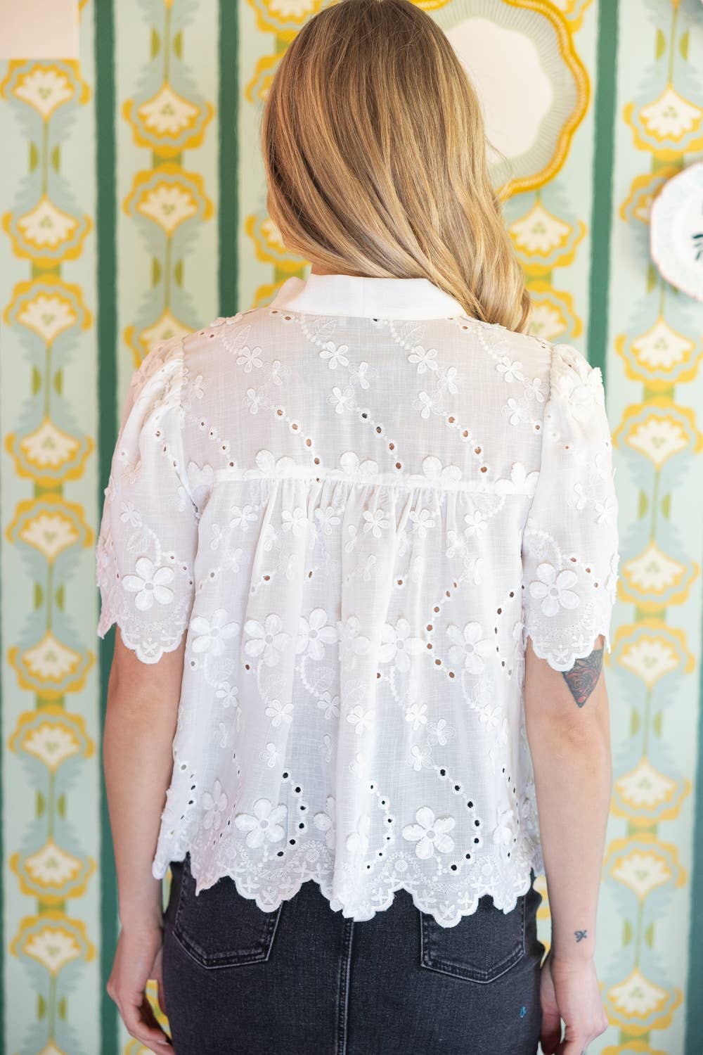 Self Tie Floral Eyelet Scallop Detailed Top