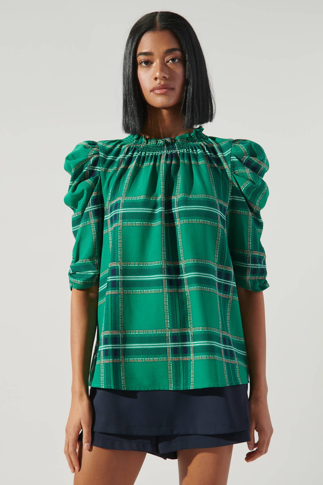 Jade Green Plaid Drape Sleeve Top