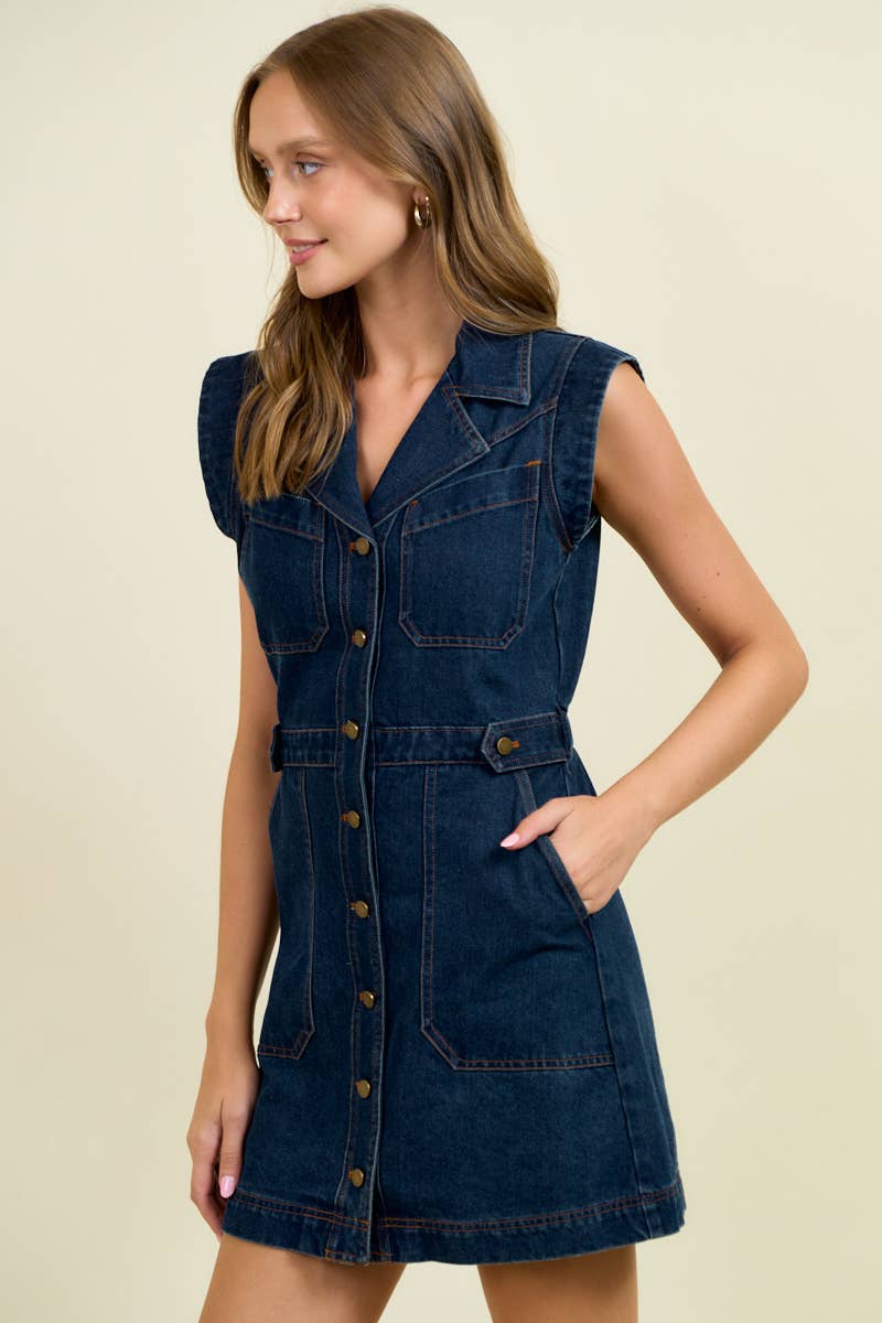 BUTTON DOWN DARK DENIM MINI DRESS