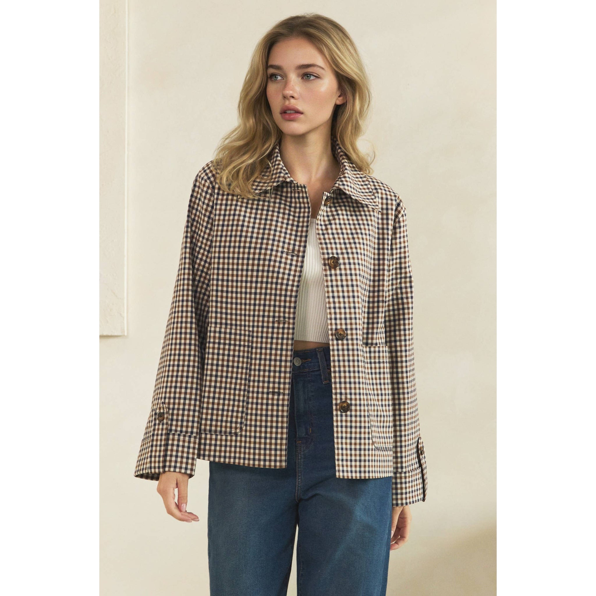 Navy Check Button-Front Jacket