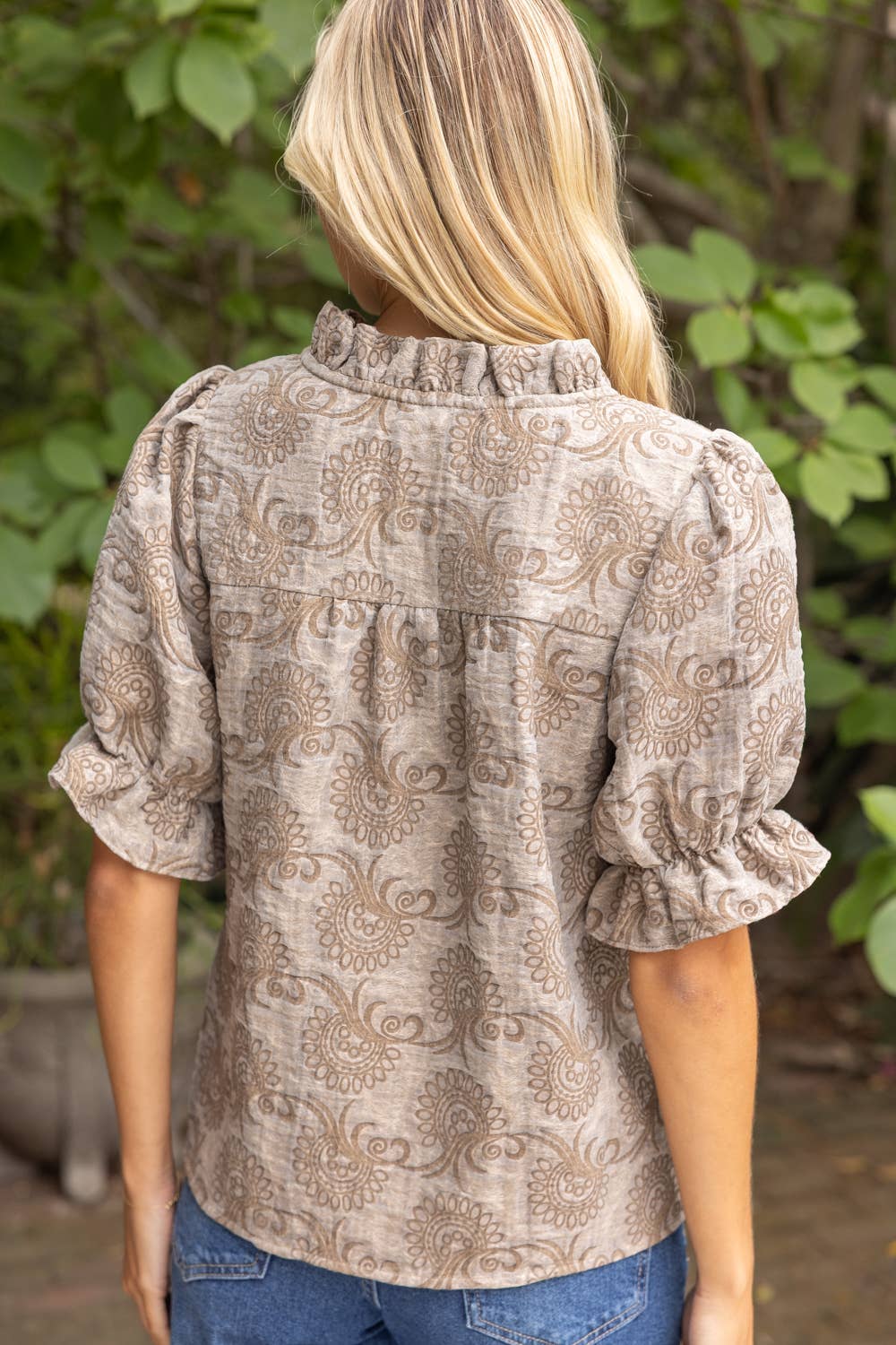 Ruffled V-Neck Jacquard Puff Sleeve Top