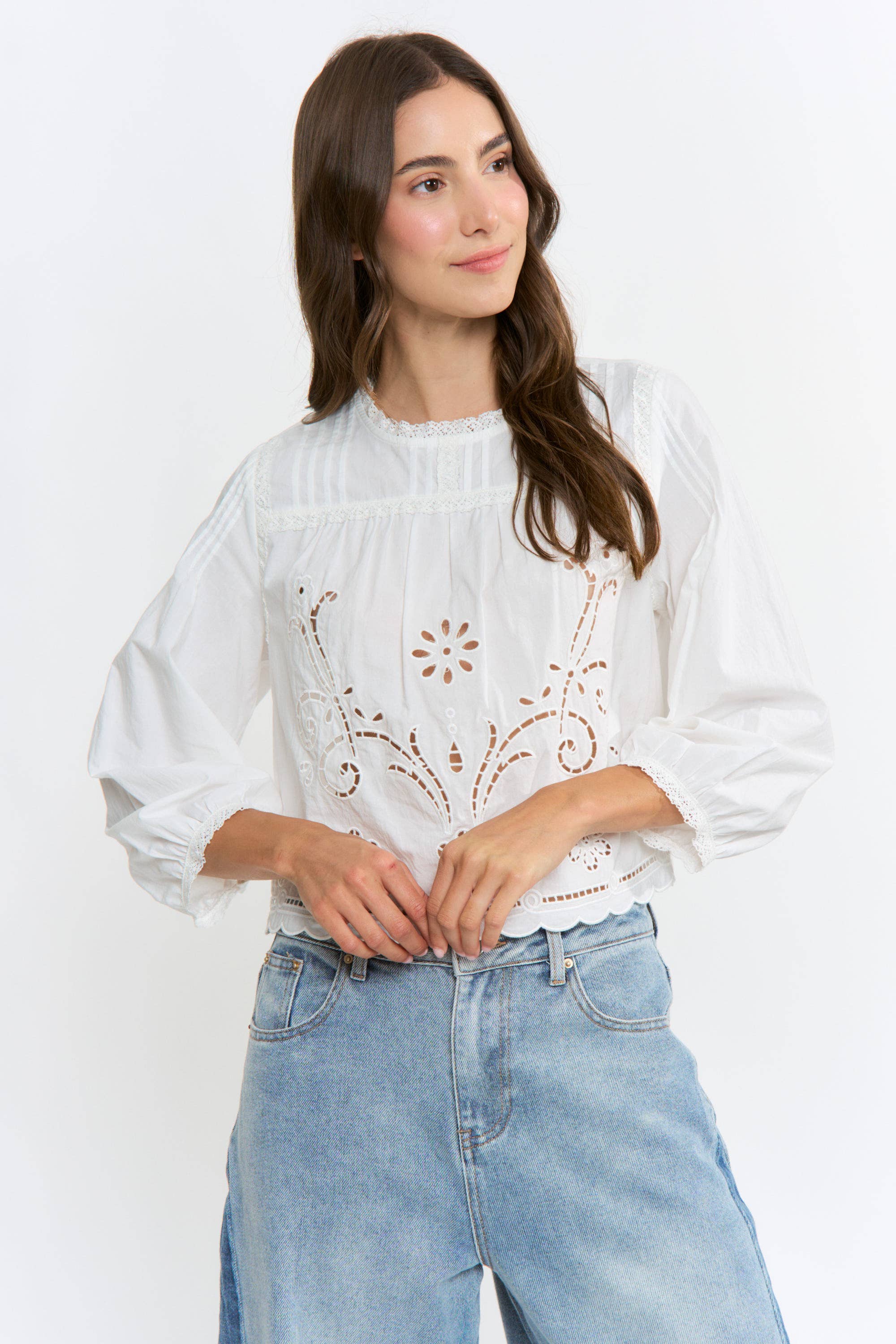 Cotton Eyelet Blouse with Floral Embroidery