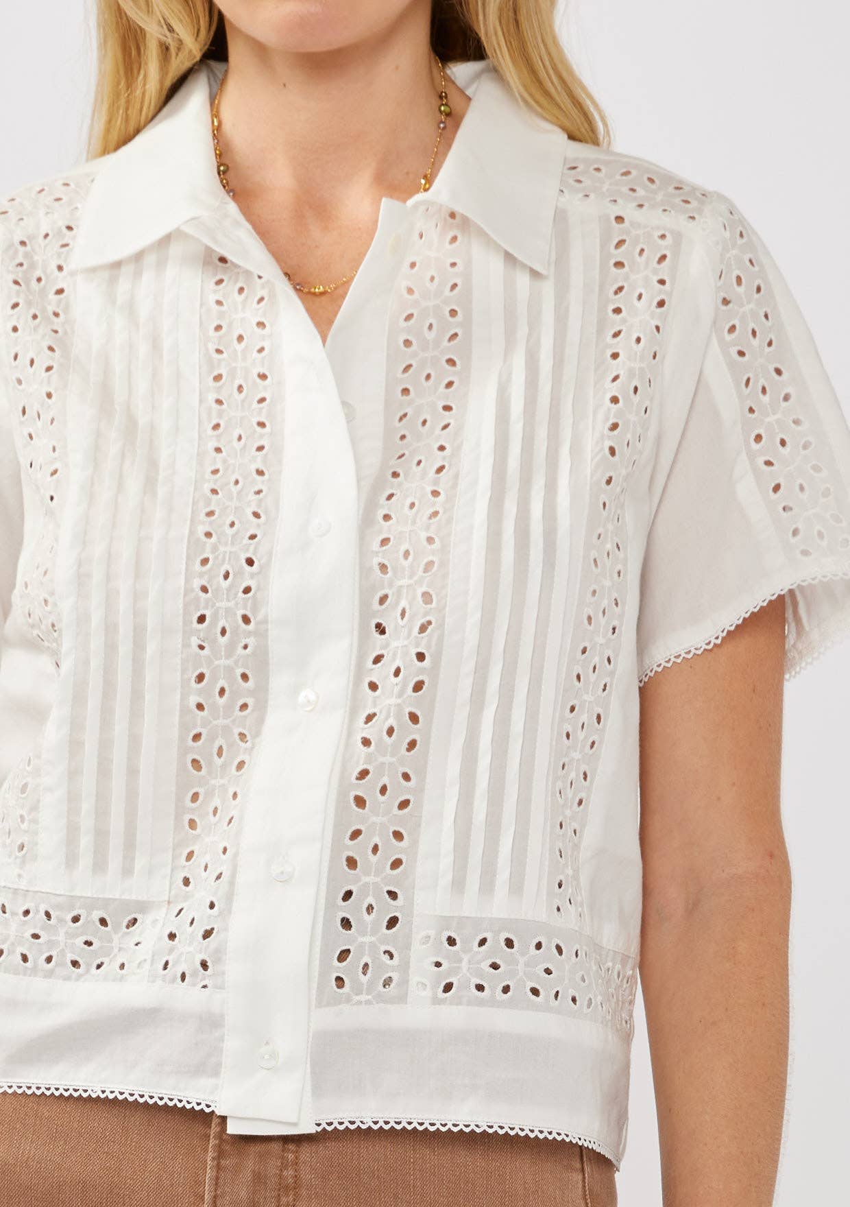 White Floral Eyelet Lace-Trim Cotton Shirt