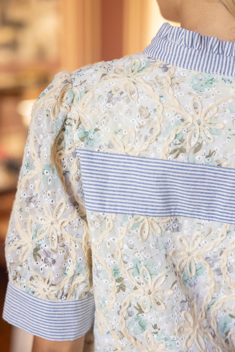 Stripe Contrast Floral Embroidered Top – Cream