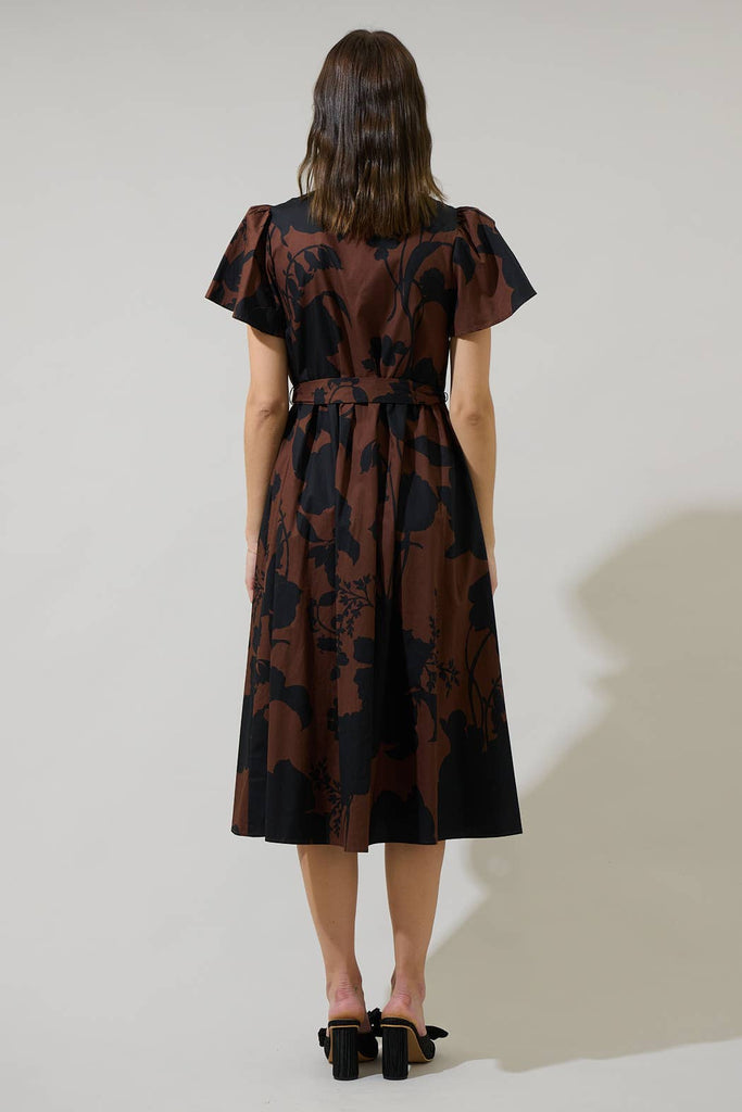 Black and Brown Floral Babydoll Midi Dress