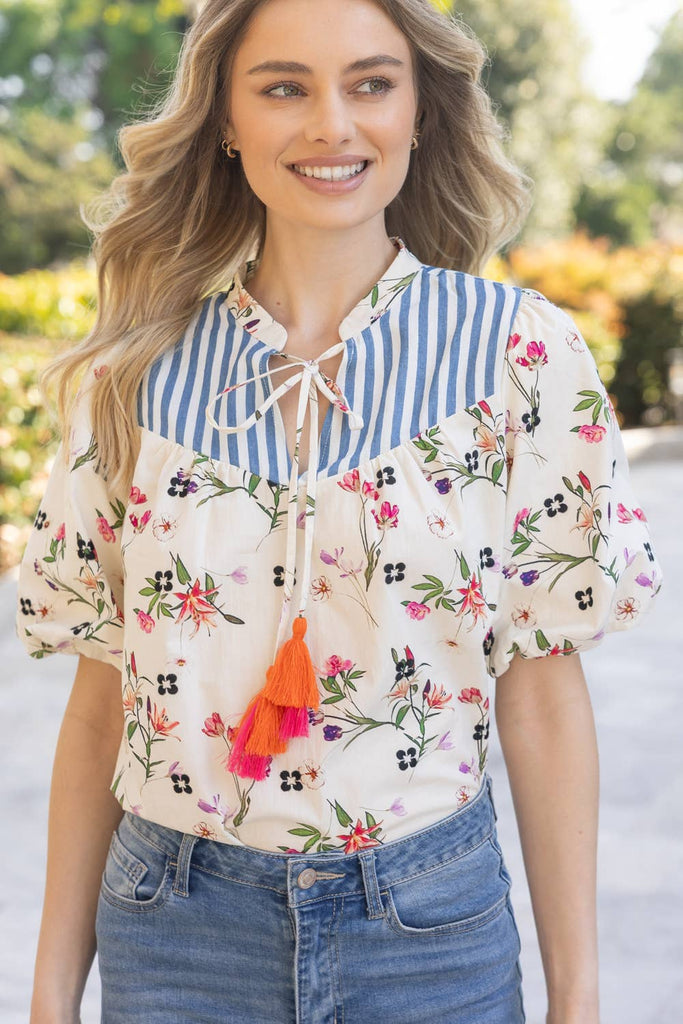 Floral And Stripe Mixed Tassle Front Top