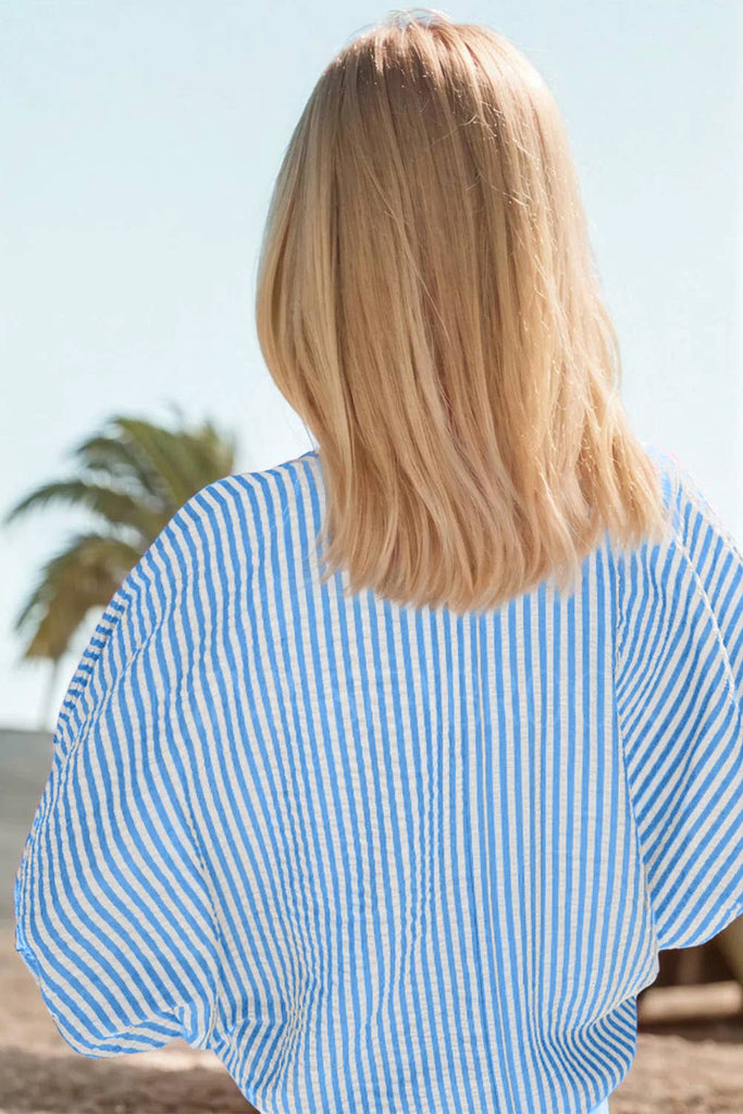 Blue White Striped Dolman Sleeve Blouse