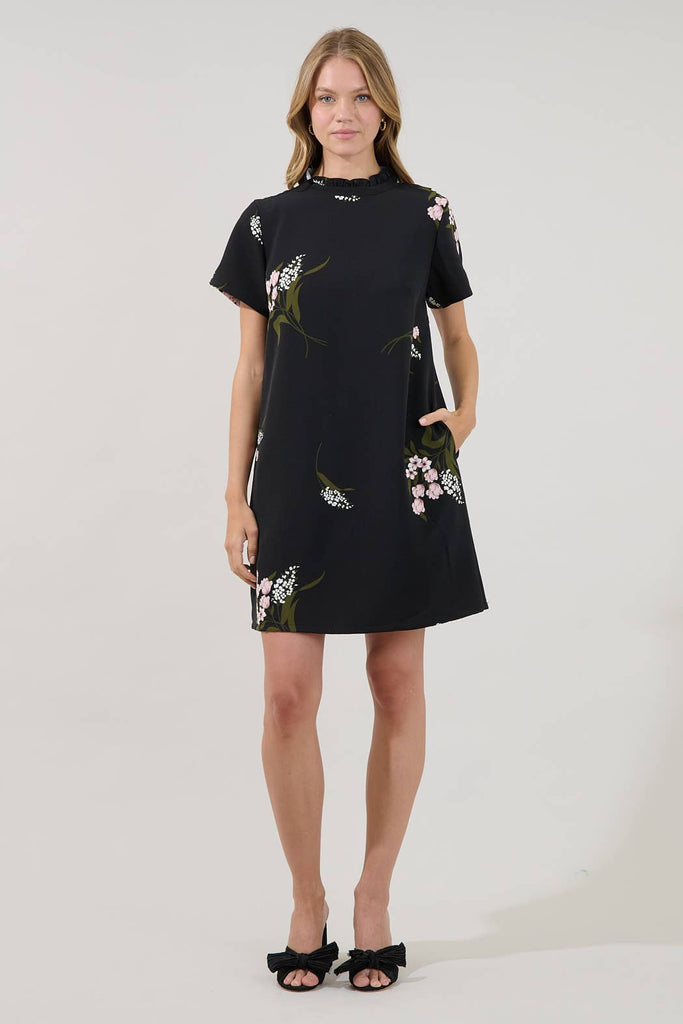 Black Floral Ruffle Neck Shift Mini Dress with Pockets