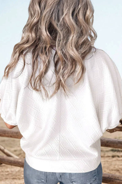 Ivory Short Sleeve Zipper Collar Texture Blouse