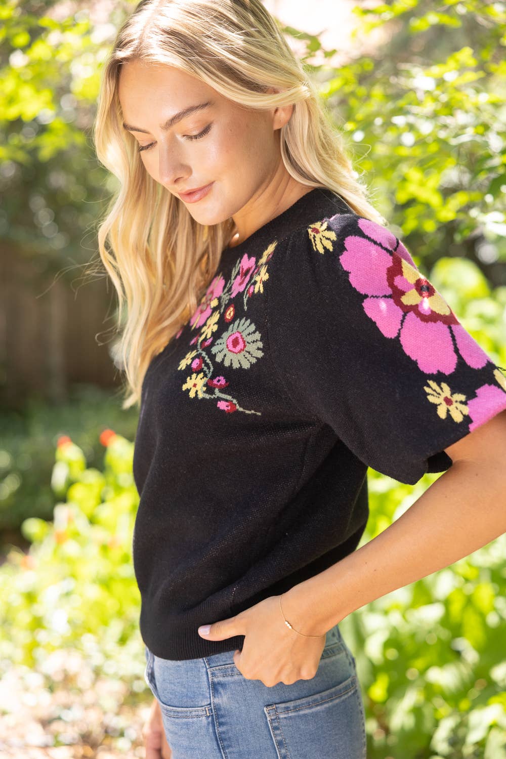 Floral Print Bubble Sleeve Knit Top