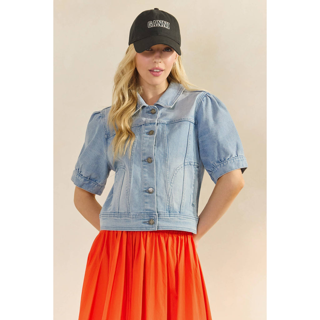 Short puff sleeve denim jacket for women - front view