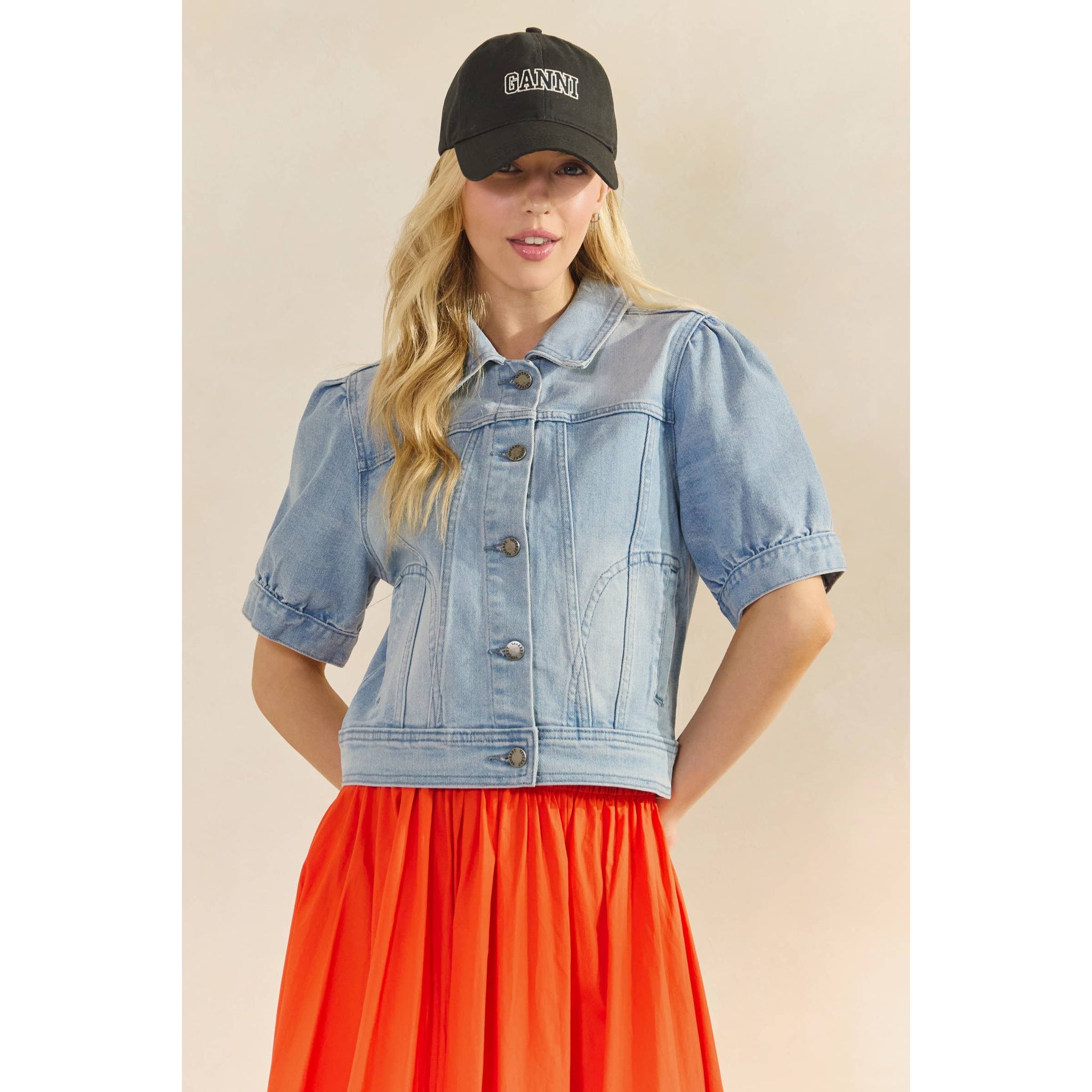 Short puff sleeve denim jacket for women - front view
