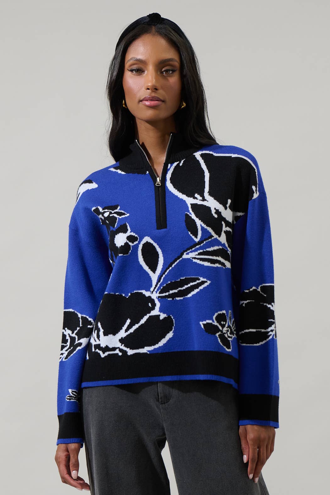 Cobalt Blue Floral Zip Up Sweater