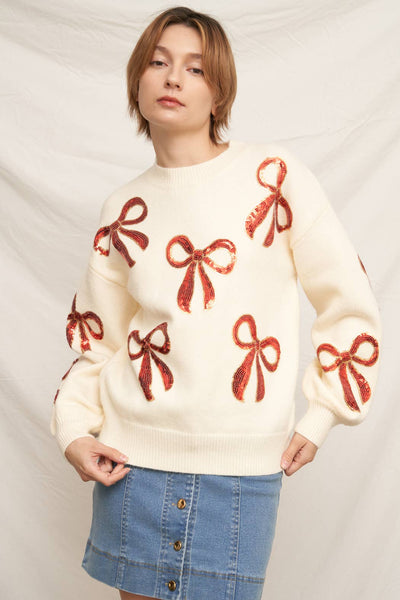Sequin Ribbon Crew Neck Sweater