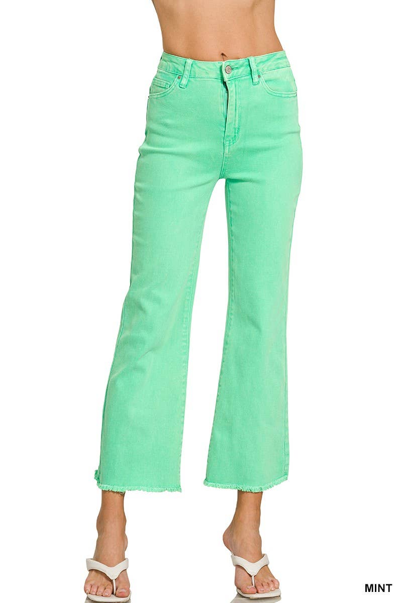 Acid Washed High Waist Frayed Hem Bootcut Pants