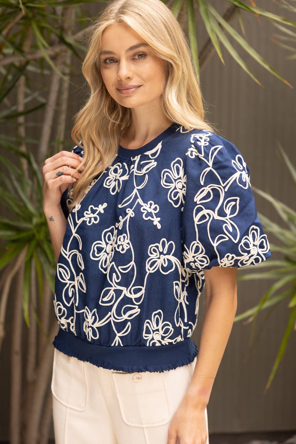 Floral Embroidered Bubble Sleeve Top