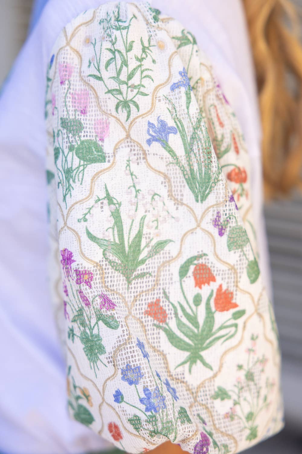 White Floral Bubble Sleeve Mixed-Media Knit Top
