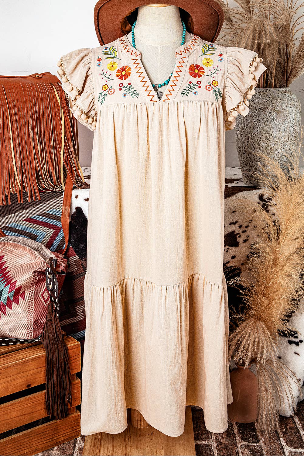 Linen Embroidery Pom Pom Ruffle Sleeves Flowy Short Dress