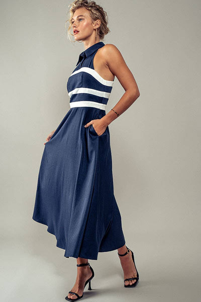 Striped Sleeveless Collared A-Line Midi Dress