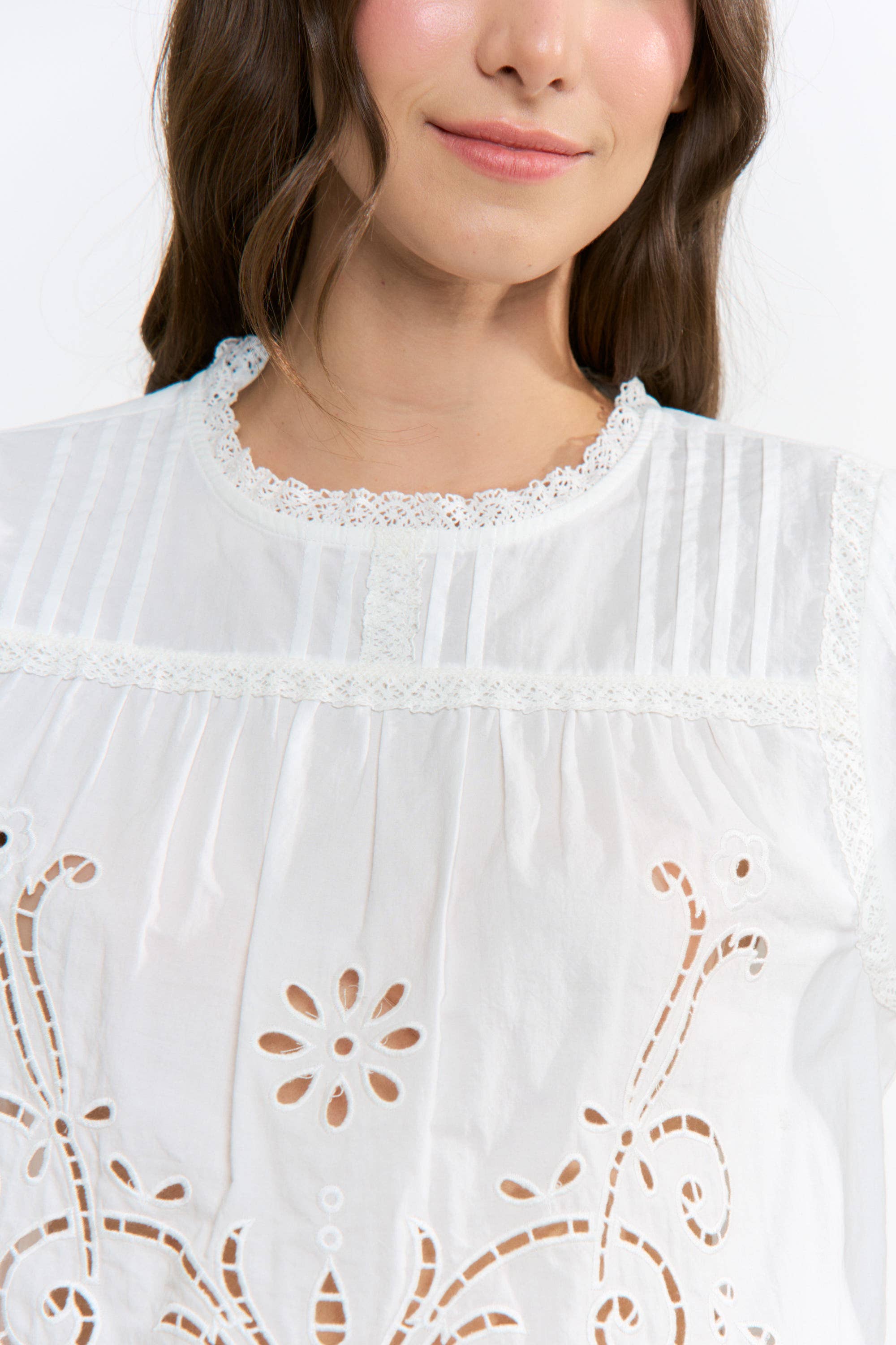 Cotton Eyelet Blouse with Floral Embroidery